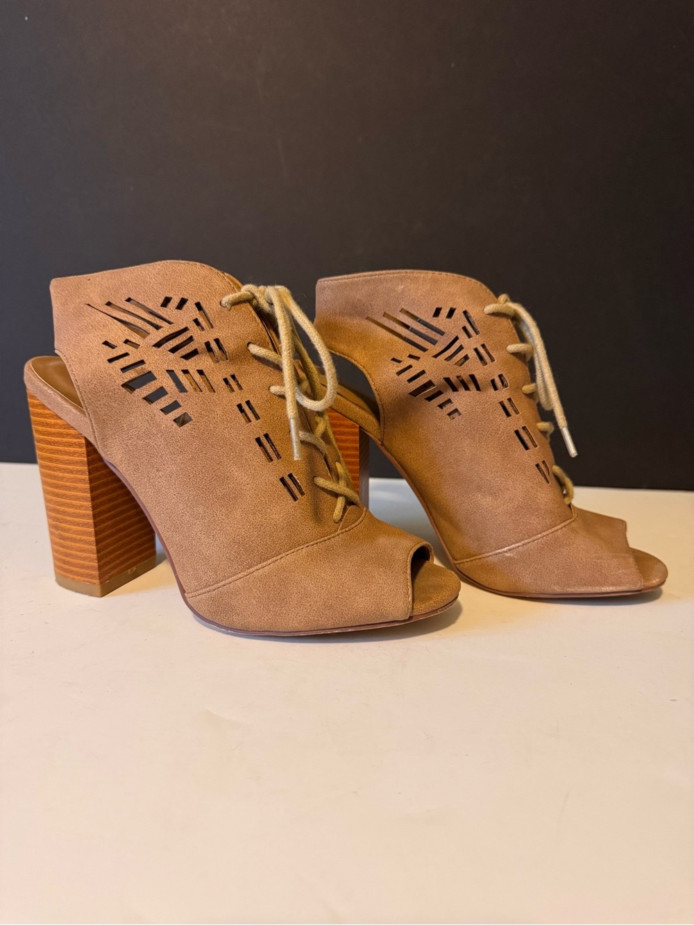 Altar'd State Tan Lace-Up Peep-Toe Block Heel Booties